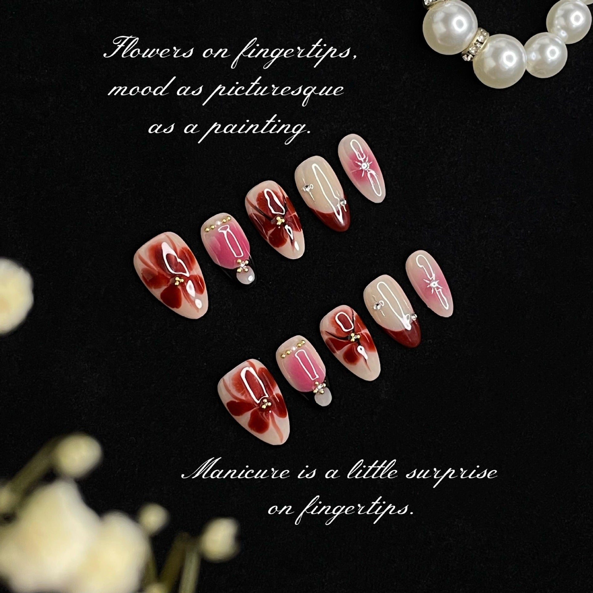 Sweet and elegant red handmade almond nail