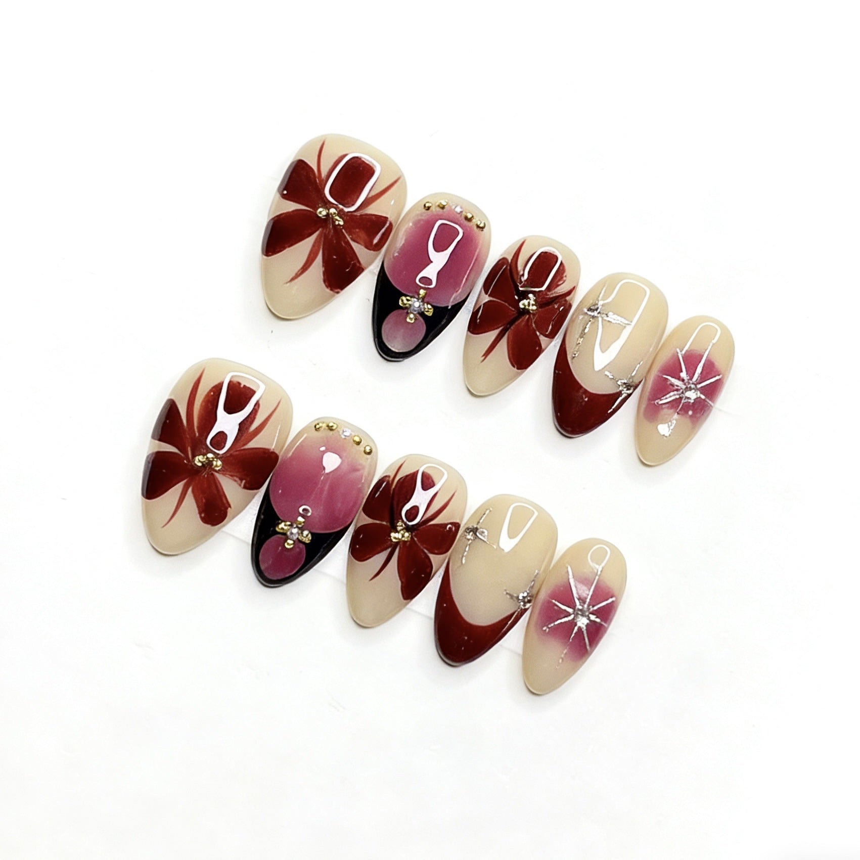 Sweet and elegant red handmade almond nail