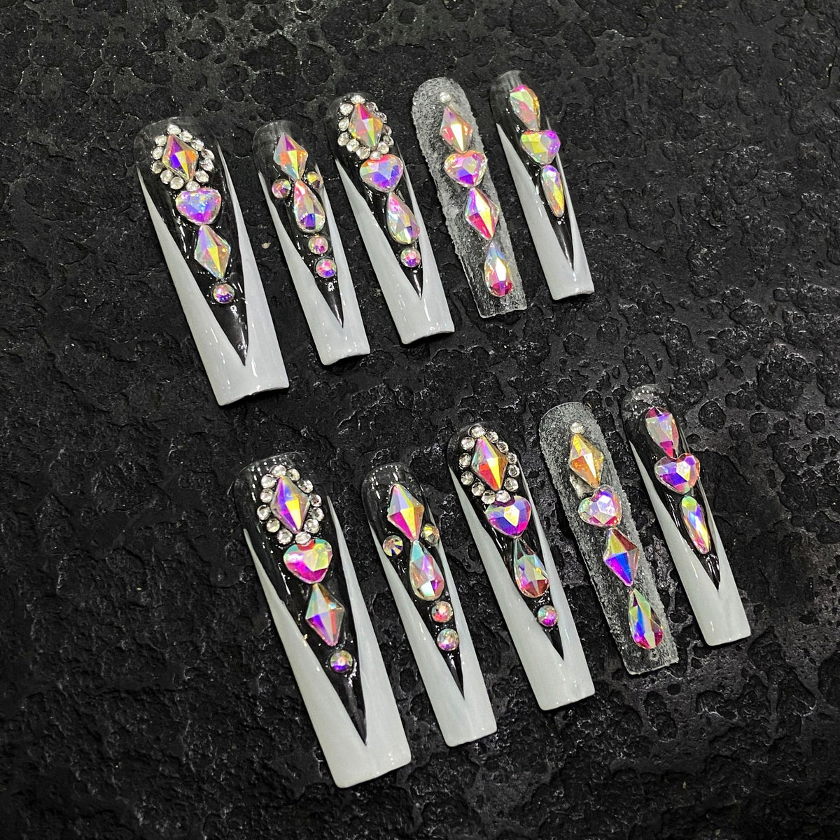 UNIKOO White French V-tip Long Square Press-on Nails