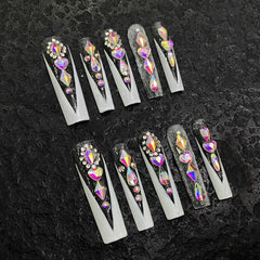 UNIKOO White French V-tip Long Square Press-on Nails