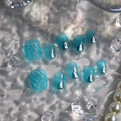 UNIKOO Summer Blue Rhombus Clear Glaze short Squoval Press-on Nails