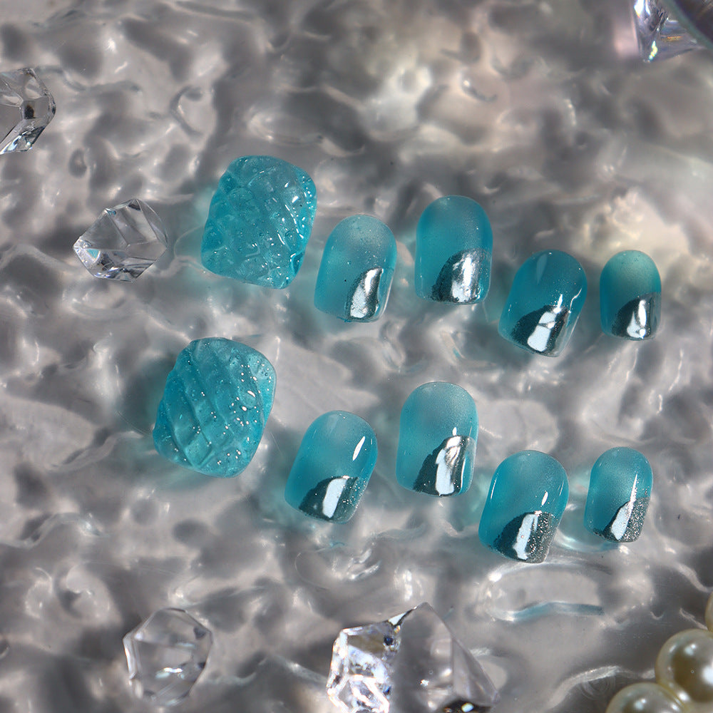 UNIKOO Summer Blue Rhombus Clear Glaze short Squoval Press-on Nails
