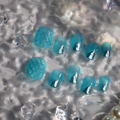 UNIKOO Summer Blue Rhombus Clear Glaze short Squoval Press-on Nails