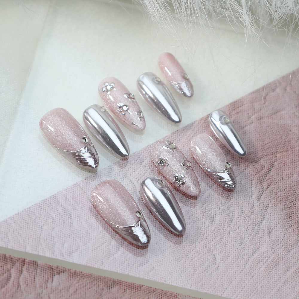 UNIKOO Pink Embossed Mirror Powder almond Press-on Nails