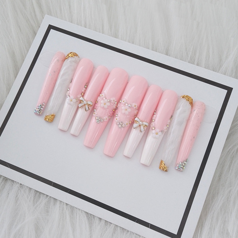Super Long Water Drop White Flower Diamond Press-on Nails