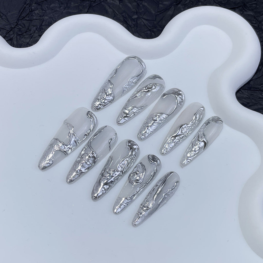 UNIKOO Gray Silver Long Almond Press-on Nails