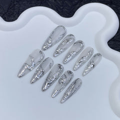 UNIKOO Gray Silver Long Almond Press-on Nails